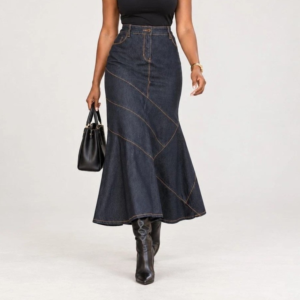 Bisou Bisou Denim Maxi Skirt Womens 16 Dark Blue Mermaid Flare Contrast Stitch